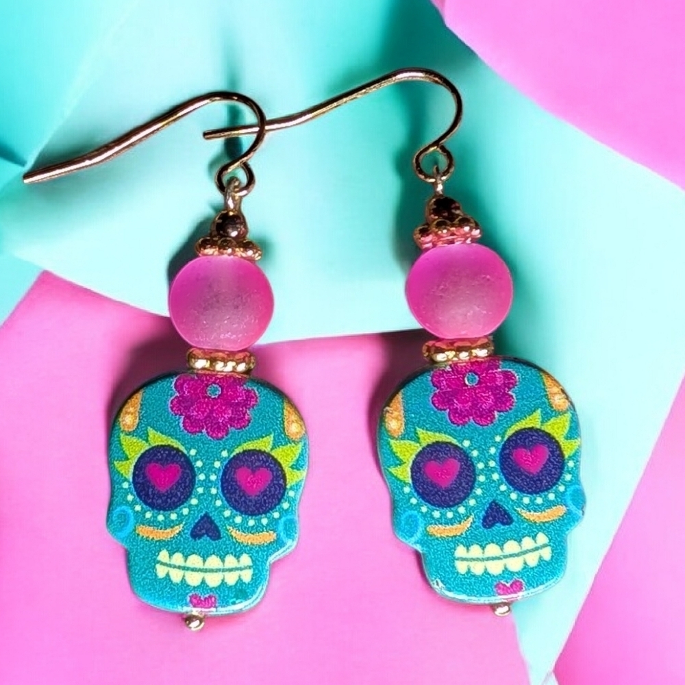 Pink and Teal Sugar Skull Earrings Day of the Dead Dangle Earrings